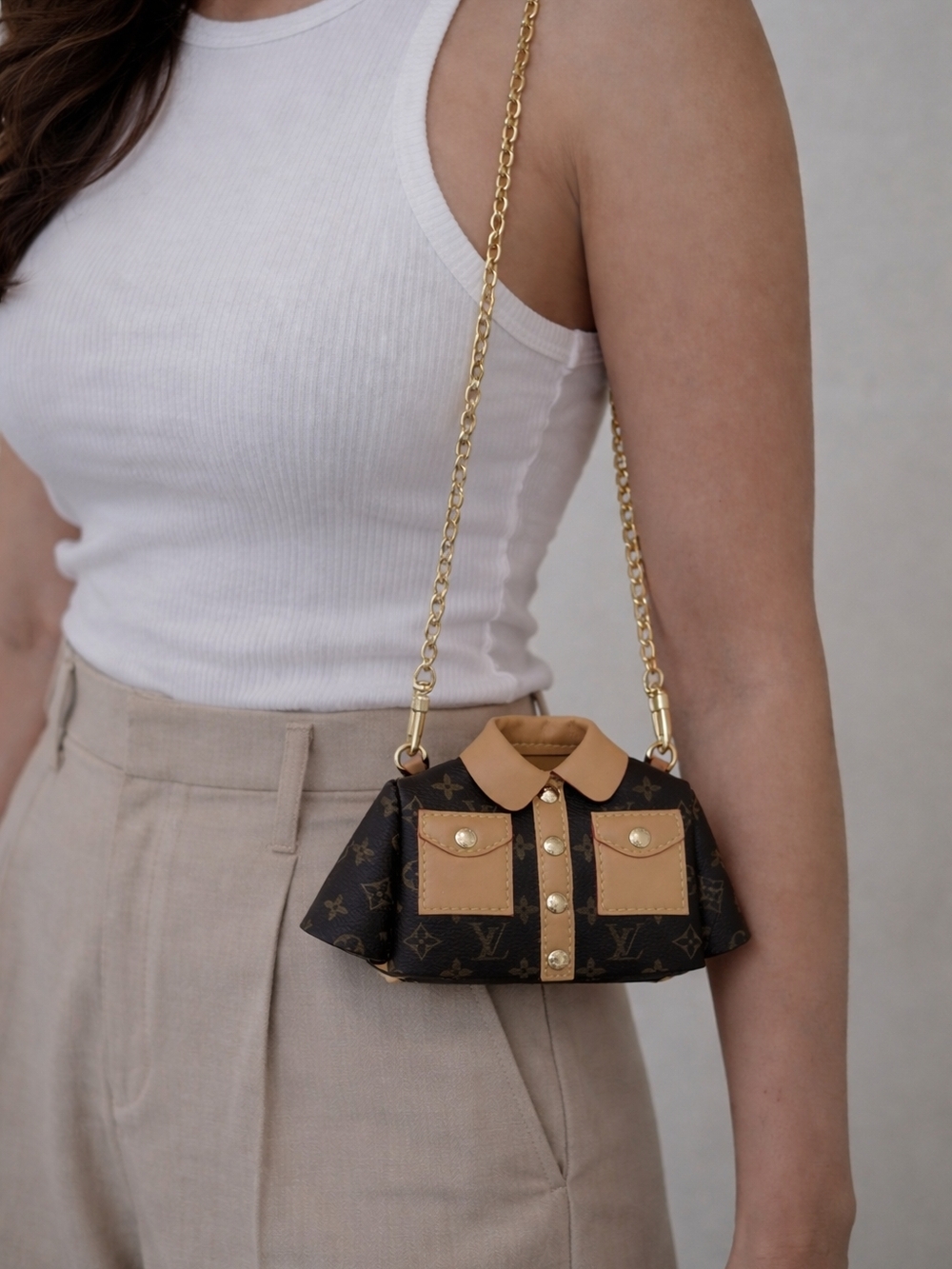 Mini Monogram Shoulder Bag with Gold Chain in Brown & Tan
